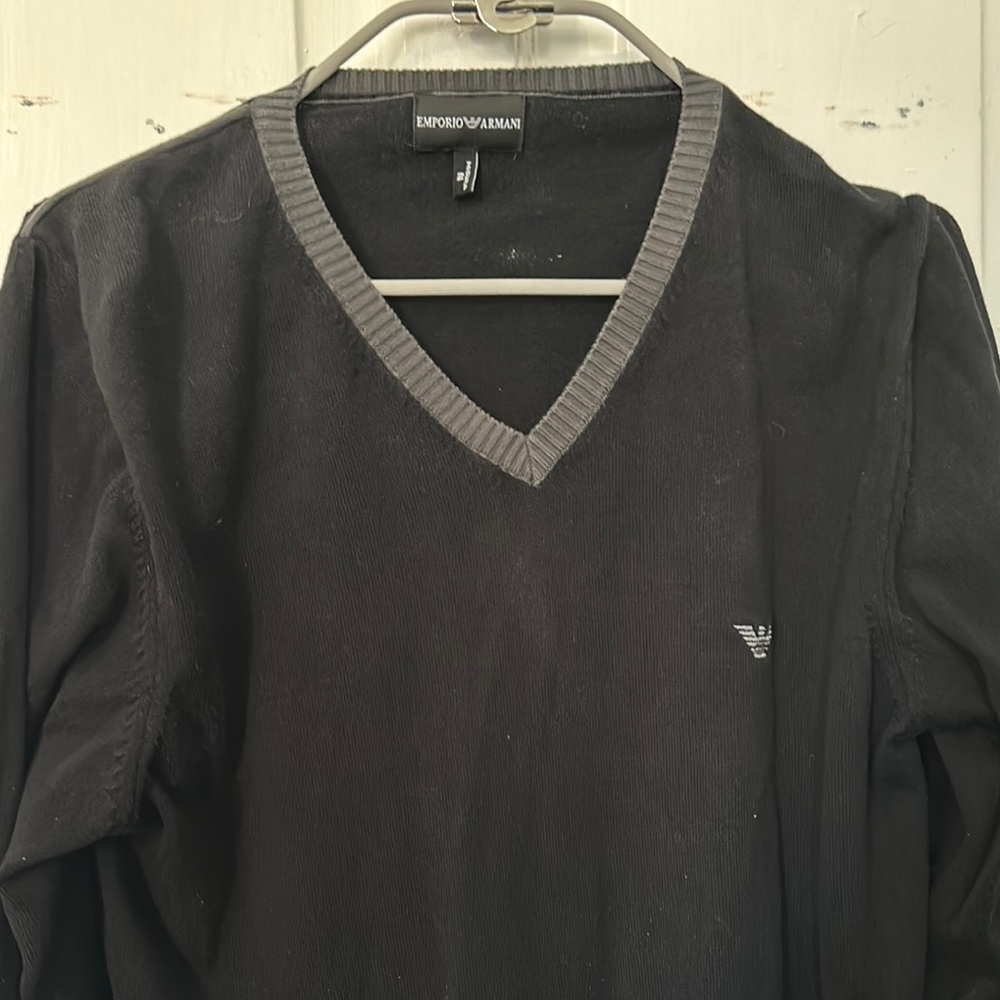 S—Armani Black V-Neck Sweater with Classic Pullover Style